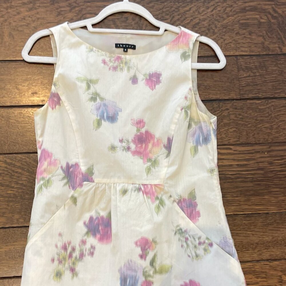 Theory Floral Dress Taffeta Cotton Blend Sheath
